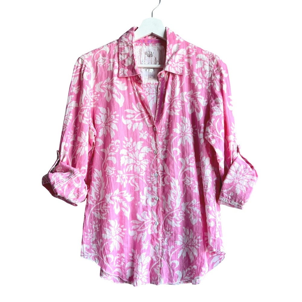 Cino Pink Floral Button Down Shirt Long Sleeve Cotton Dobby Womens Medium